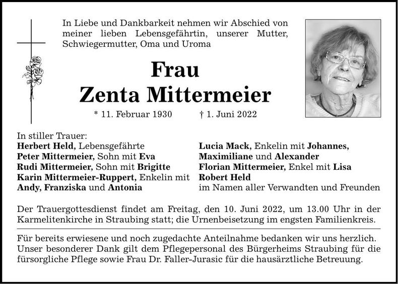 Traueranzeige Zenta Mittermeier