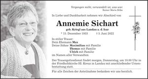 Traueranzeige Annemie Sichart