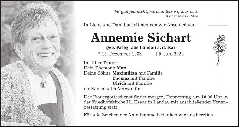 Traueranzeige Annemie Sichart