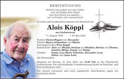 Traueranzeige Alois Köppl