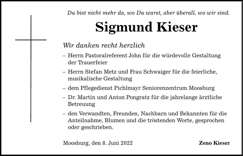 Traueranzeige Sigmund Kieser