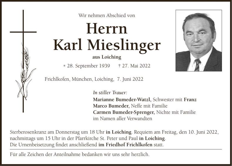 Traueranzeige Karl Mieslinger
