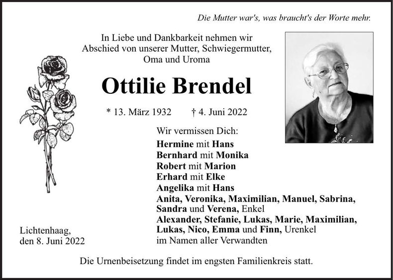 Traueranzeige Ottilie Brendel