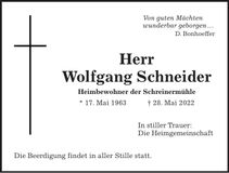 Traueranzeige Wolfgang Schneider