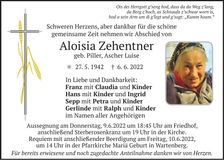Traueranzeige Aloisia Zehentner