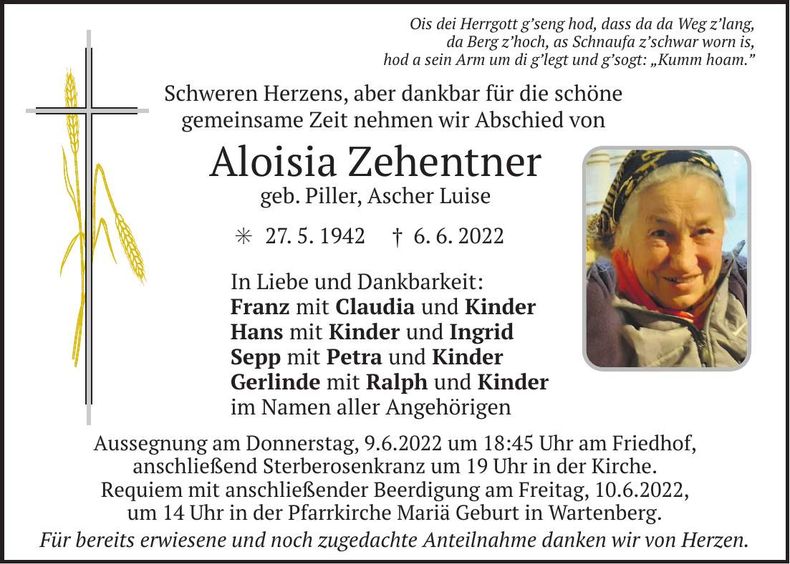 Traueranzeige Aloisia Zehentner