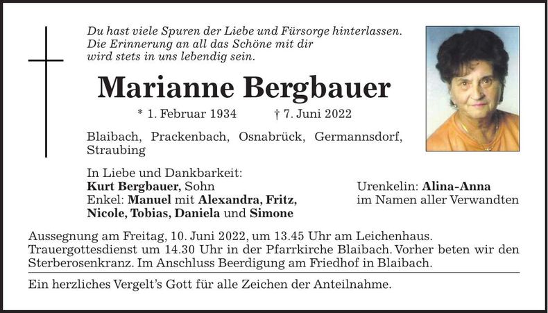 Traueranzeige Marianne Bergbauer
