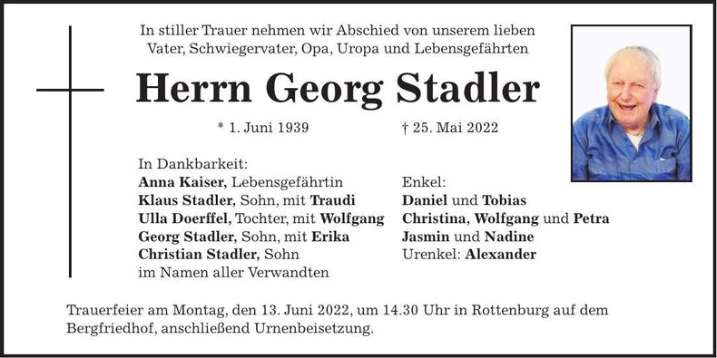 Traueranzeige Georg Stadler