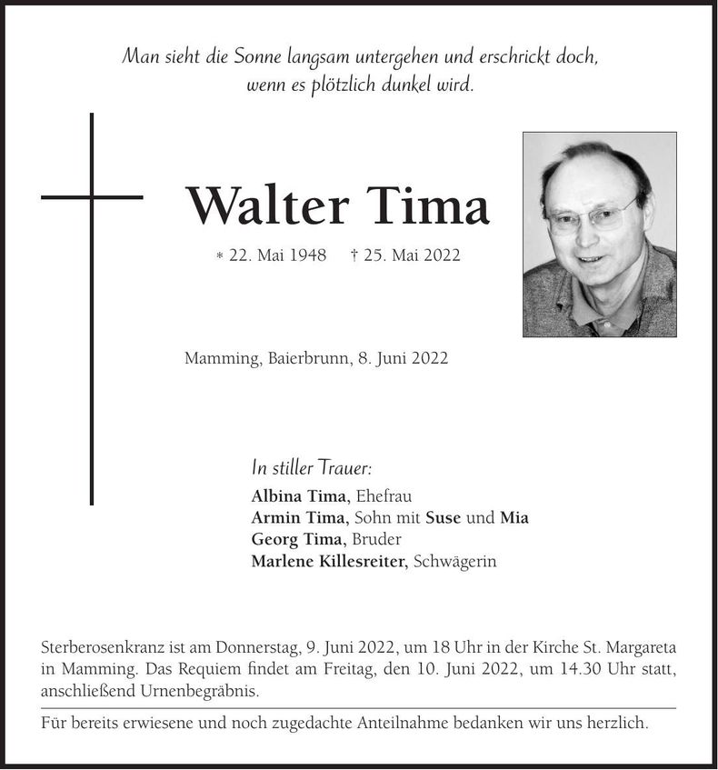 Traueranzeige Walter Tima