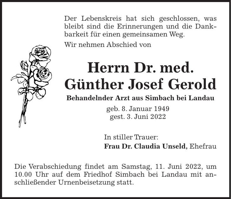 Traueranzeige Dr. med. Günther Josef Gerold