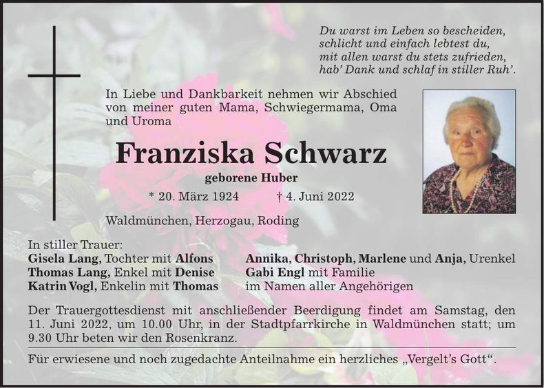 Traueranzeige Franziska Schwarz