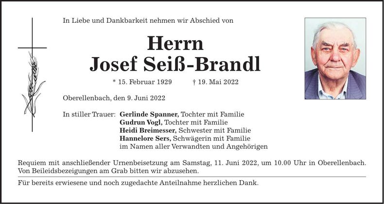 Traueranzeige Josef Seiß-Brandl