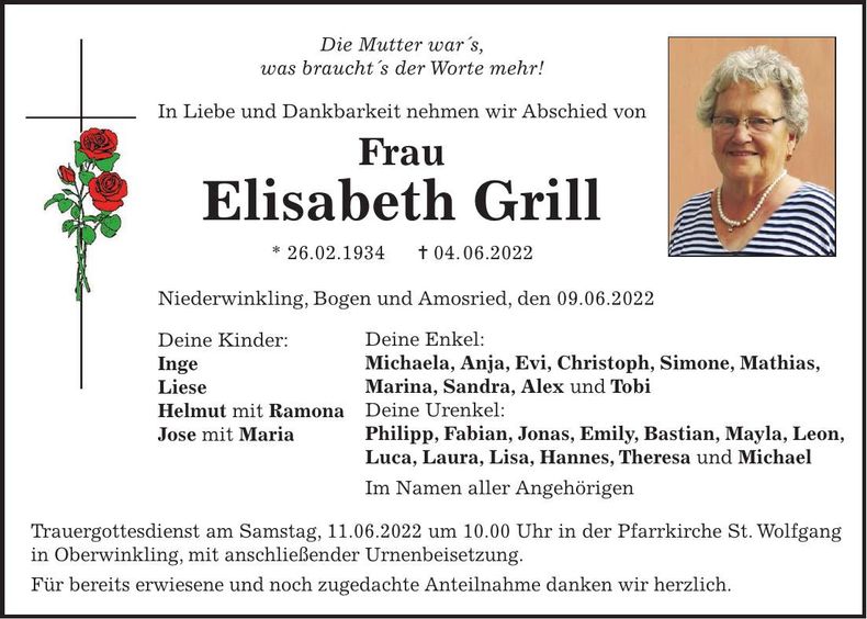 Traueranzeige Elisabeth Grill