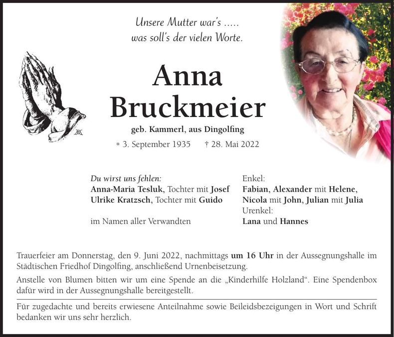 Traueranzeige Anna Bruckmeier