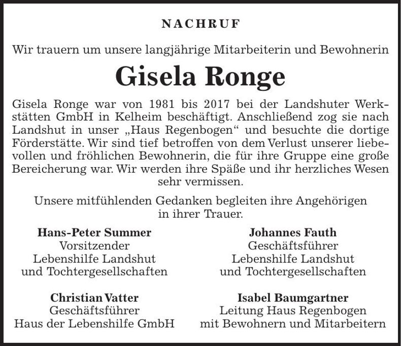 Traueranzeige Gisela Ronge