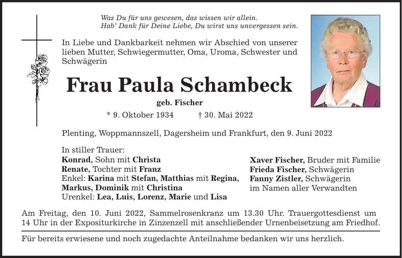 Traueranzeige Paula Schambeck