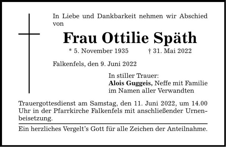 Traueranzeige Ottilie Späth