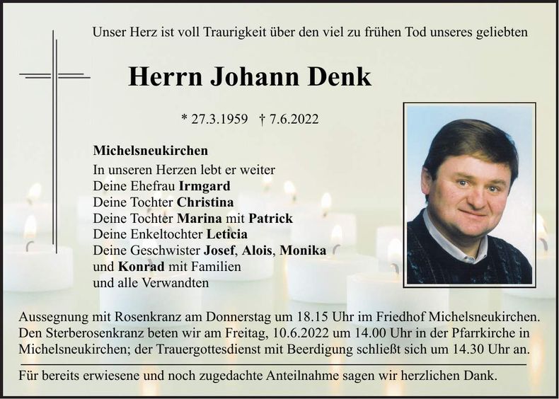 Traueranzeige Johann Denk