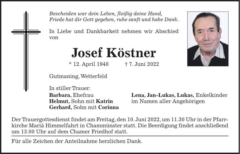 Traueranzeige Josef Köstner