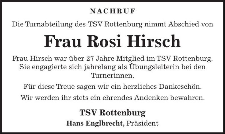 Traueranzeige Rosi Hirsch