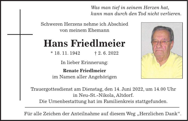 Traueranzeige Hans Friedlmeier