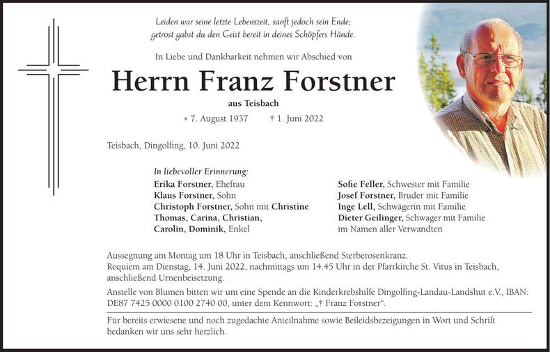 Traueranzeige Franz Forstner