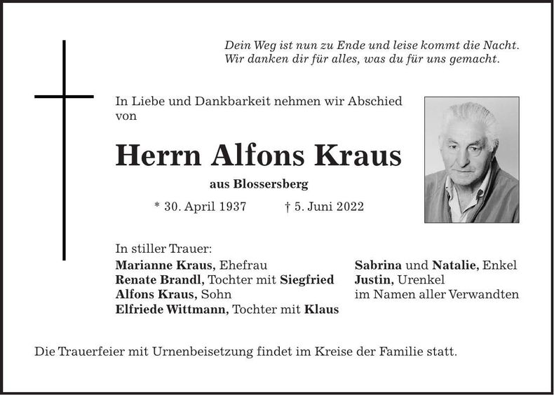 Traueranzeige Alfons Kraus