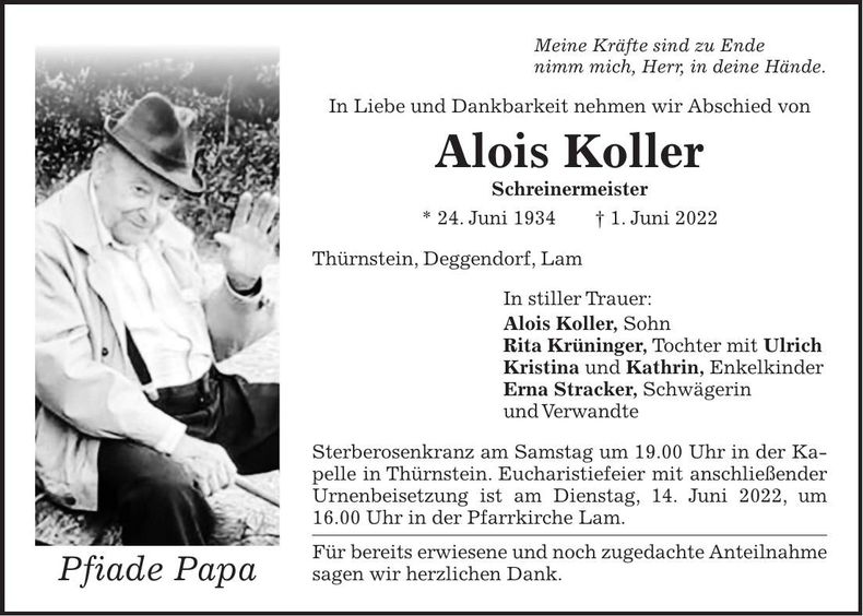 Traueranzeige Alois Koller
