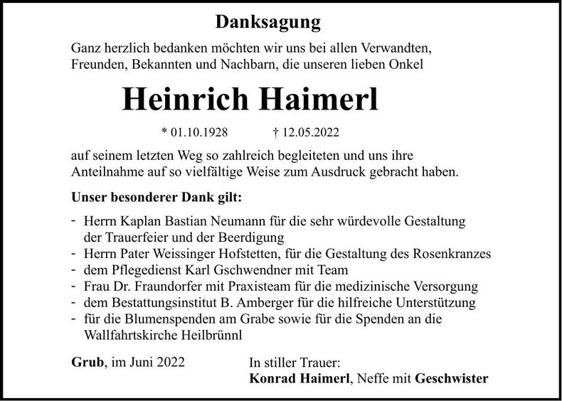 Traueranzeige Heinrich Haimerl