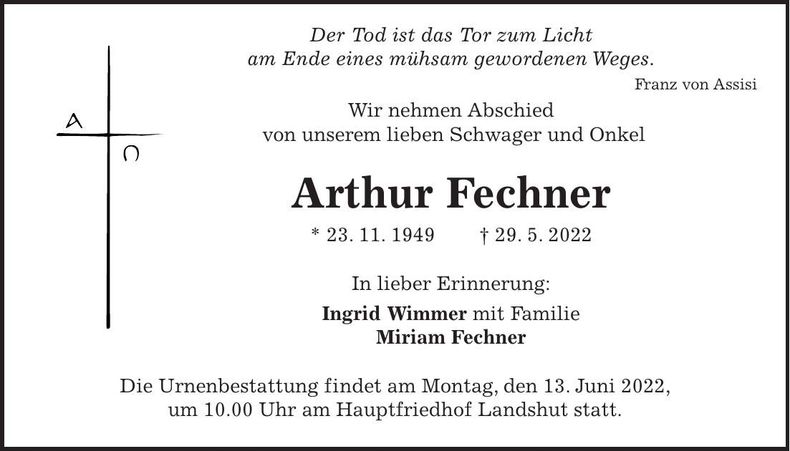 Traueranzeige Arthur Fechner