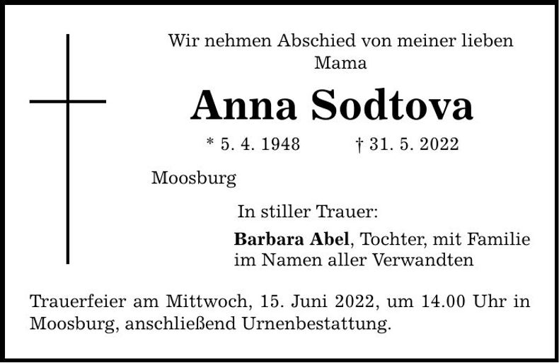 Traueranzeige Anna Sodtova