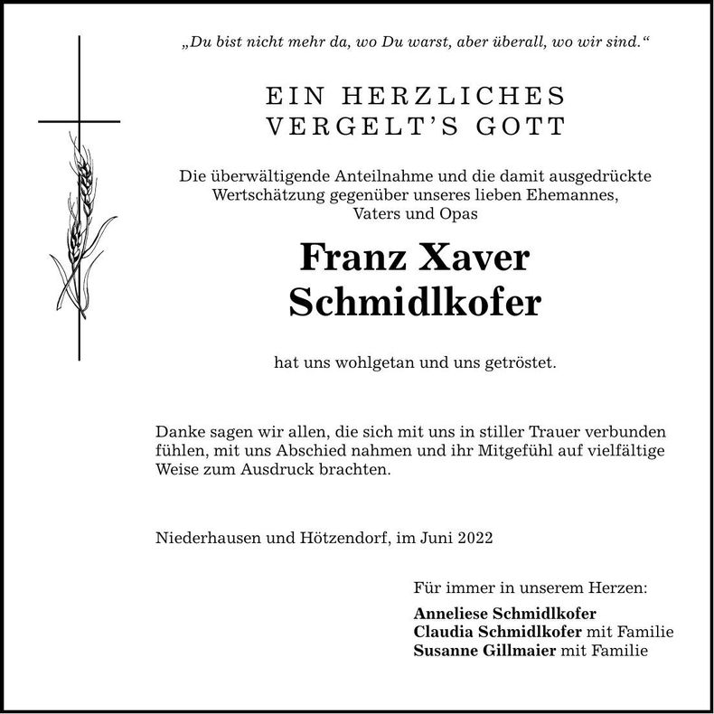 Traueranzeige Schmidlkofer Franz-Xaver