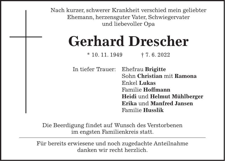 Traueranzeige Gerhard Drescher