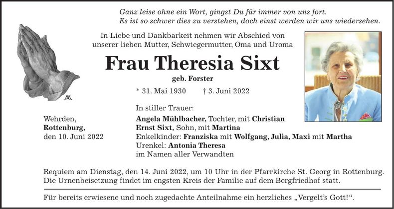 Traueranzeige Theresia Sixt