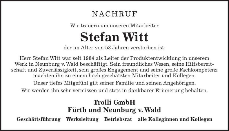 Traueranzeige Stefan Witt