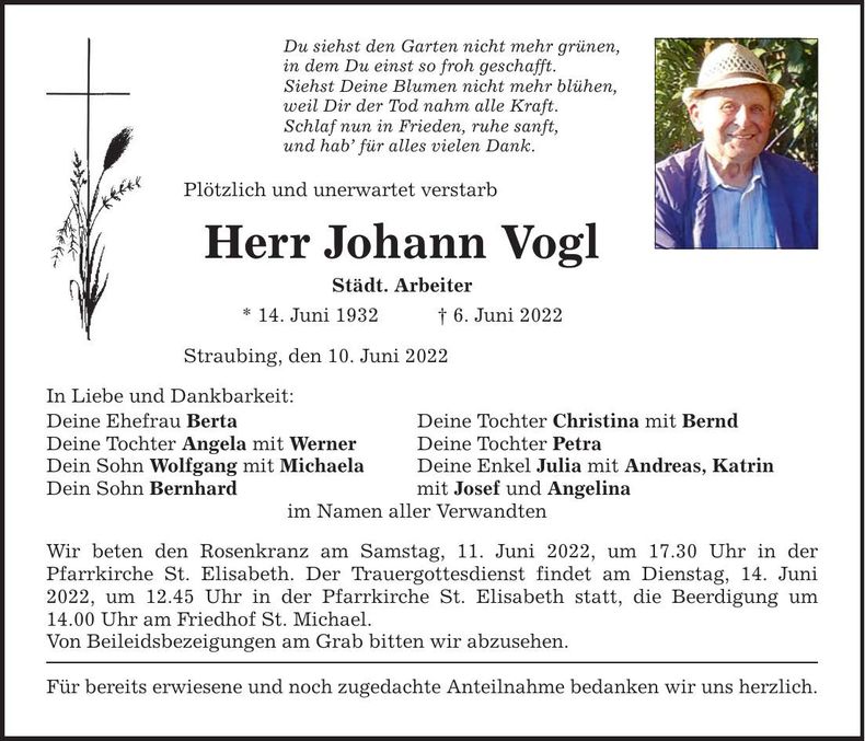 Traueranzeige Johann Vogl
