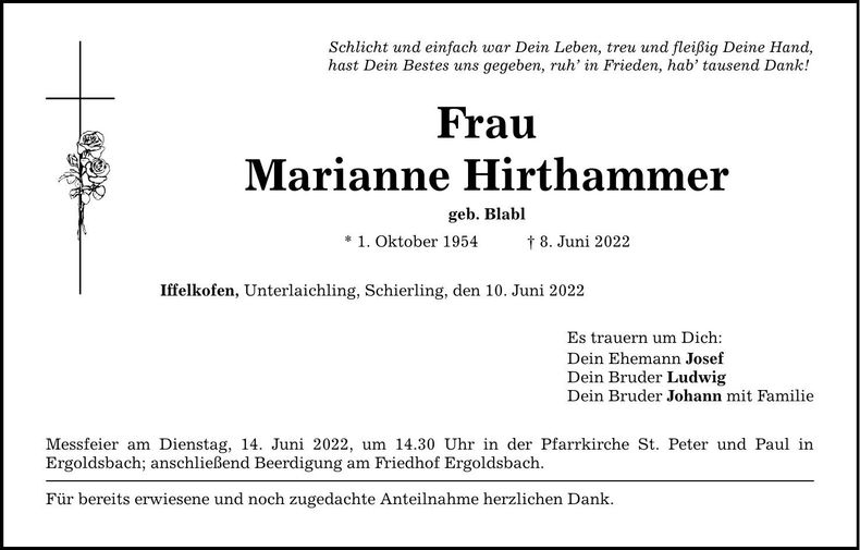 Traueranzeige Marianne Hirthammer