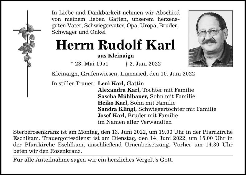 Traueranzeige Rudolf Karl