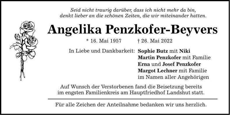 Traueranzeige Angelika Penzkofer-Beyvers