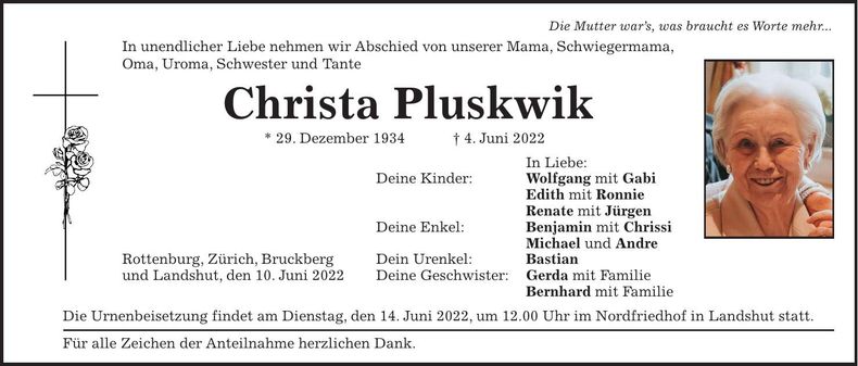 Traueranzeige Christa Pluskwik