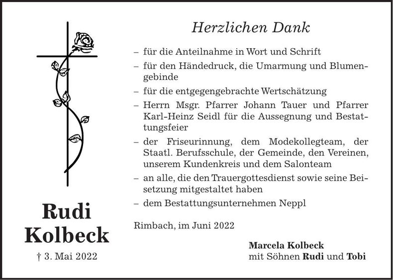 Traueranzeige Rudi Kolbeck