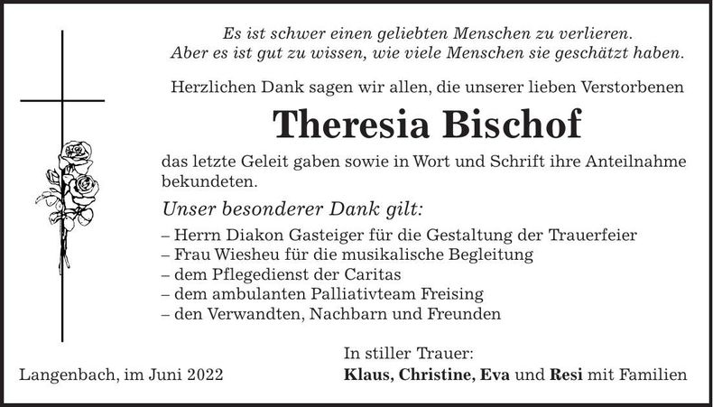 Traueranzeige Theresia Bischof