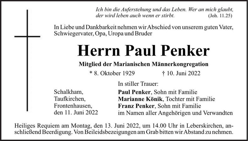 Traueranzeige Paul Penker