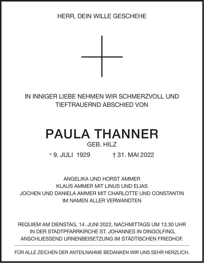 Traueranzeige Paula Thanner