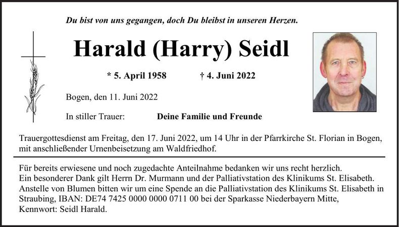 Traueranzeige Harald (Harry) Seidl