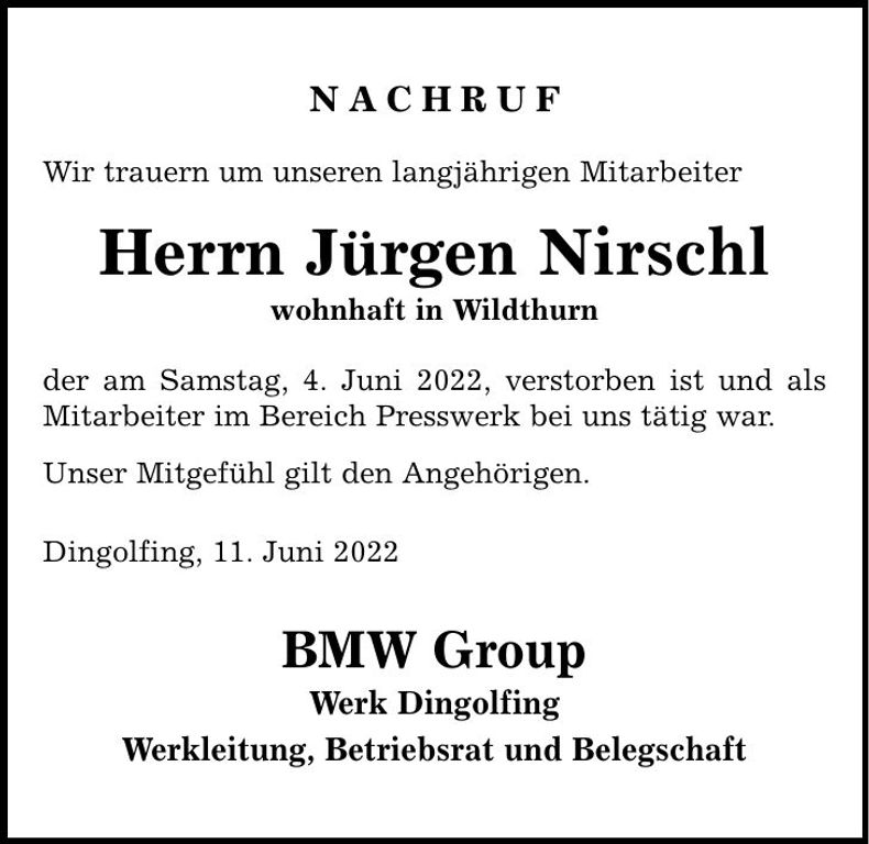Traueranzeige Jürgen Nirschl