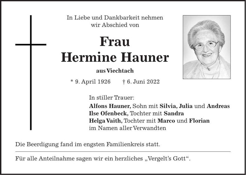 Traueranzeige Hermine Hauner