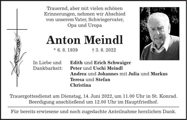 Traueranzeige Anton Meindl