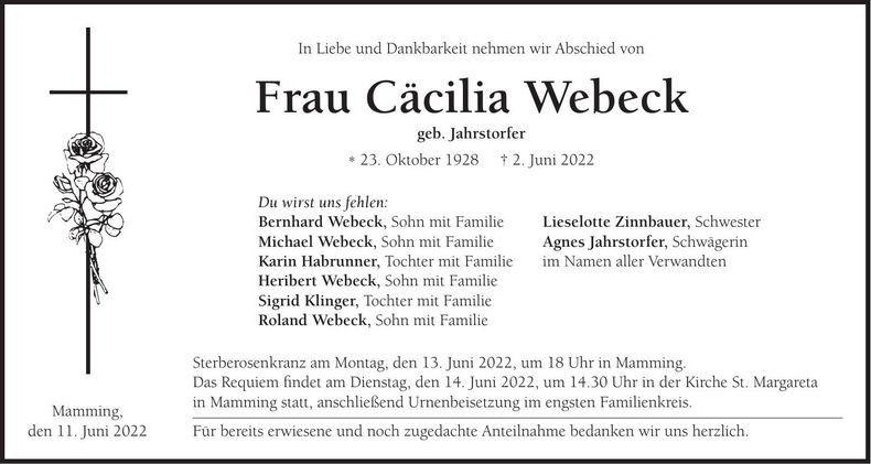 Traueranzeige Cäcilia Webeck