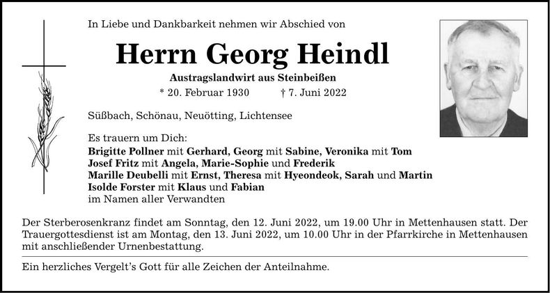 Traueranzeige Georg Heindl